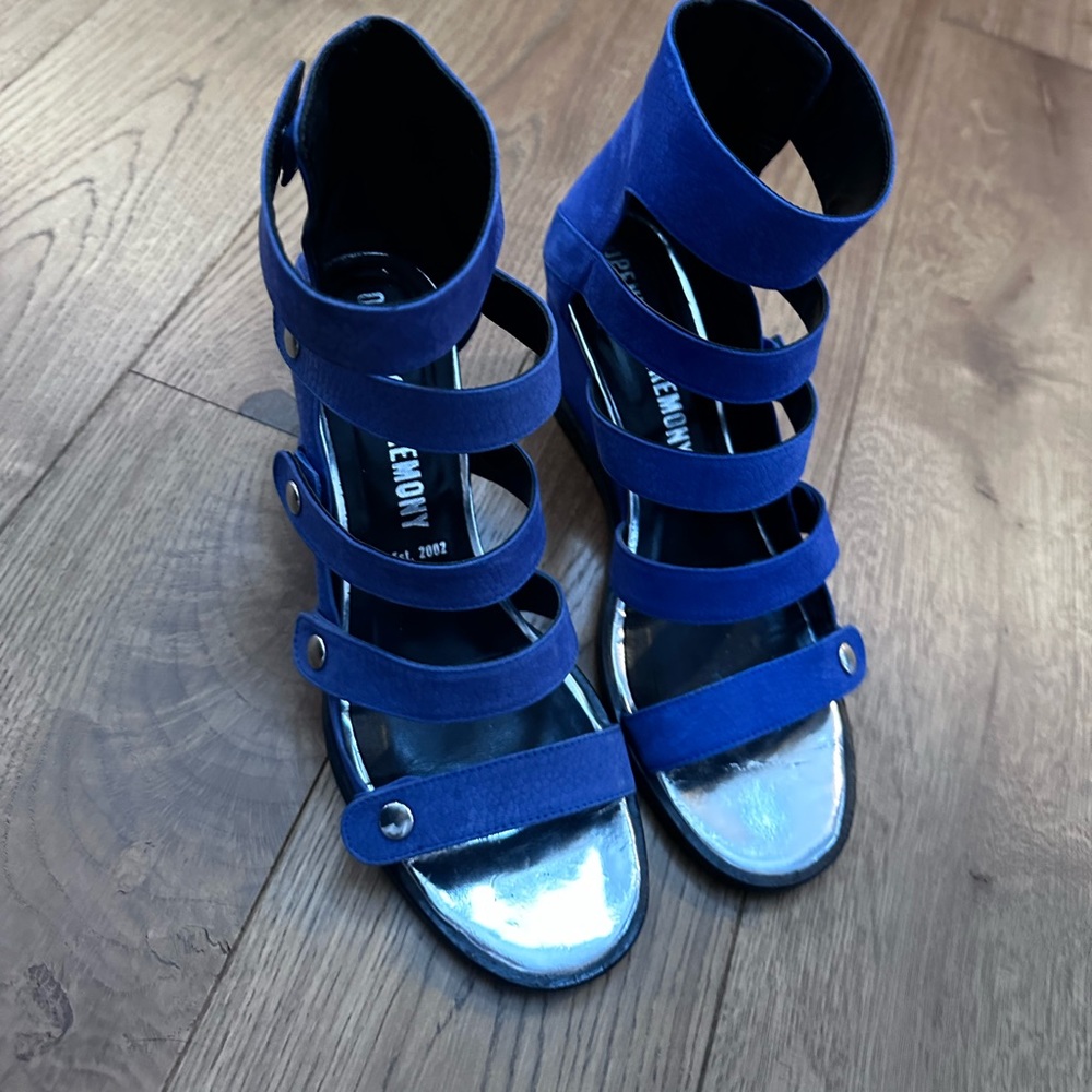 Blue shoes with multiple straps
